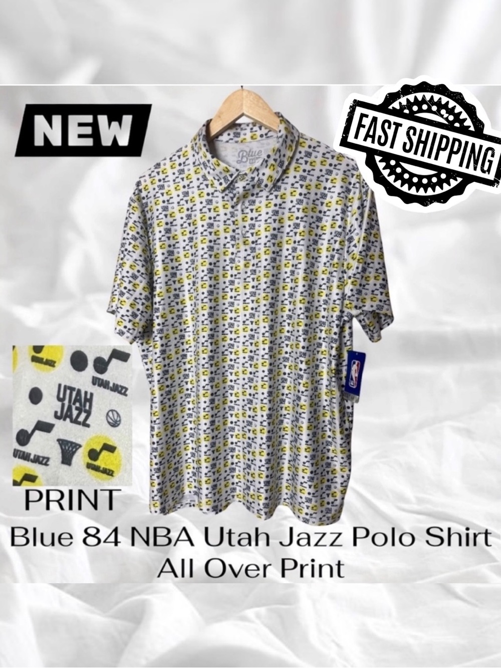 NWT Blue 84 NBA Utah Jazz Polo Shirt All Over Print Men’s Large FAST SHIPPING